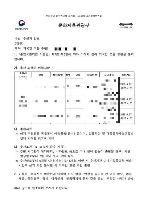 문화체육관광부 외국인 고용 추천 공문 연장 2026년 5월 (개인정보 모자이크)